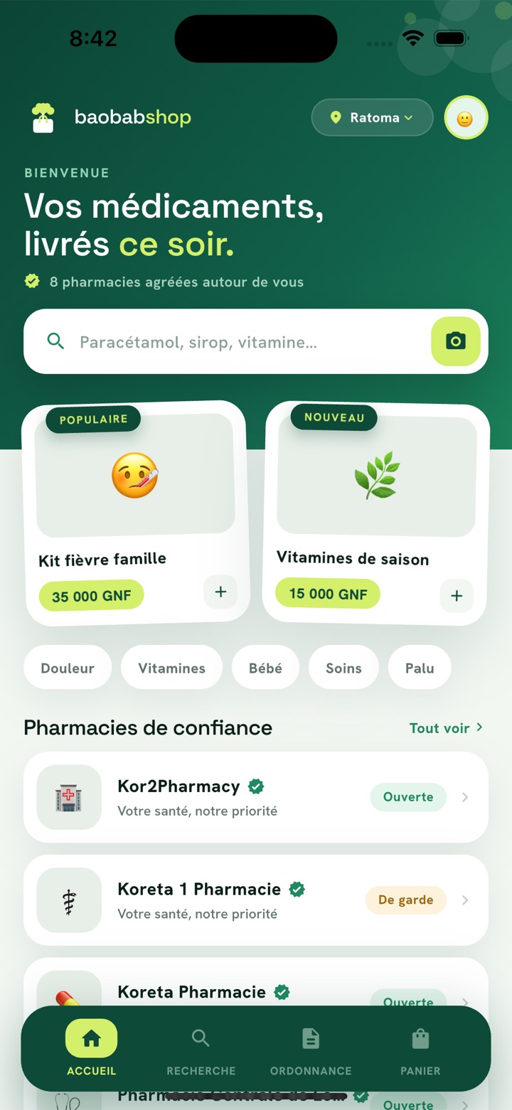 Écran d'accueil de l'app BaobabShop : recherche, produits en francs guinéens et pharmacies partenaires